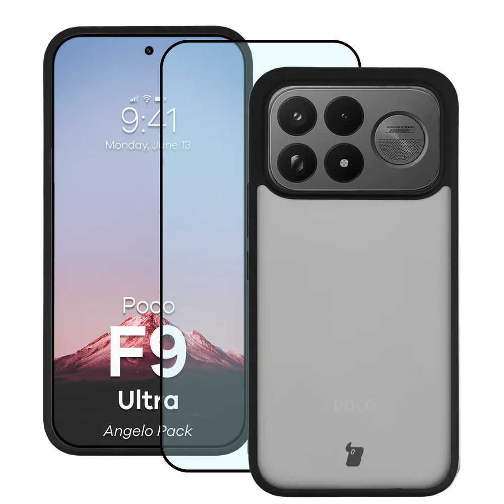 Schutzhülle + gehärtetem Glas für Xiaomi POCO F9 Ultra, Bizon Angelo Pack, Getönte mit schwarzem Rahmen (1/8)