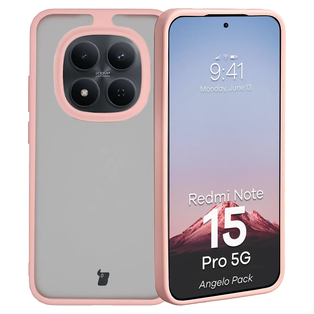 Schutzhülle + gehärtetem Glas für Xiaomi Redmi Note 15 Pro 5G, Bizon Angelo Pack, Semitransparent mit hellrosem Rahmen