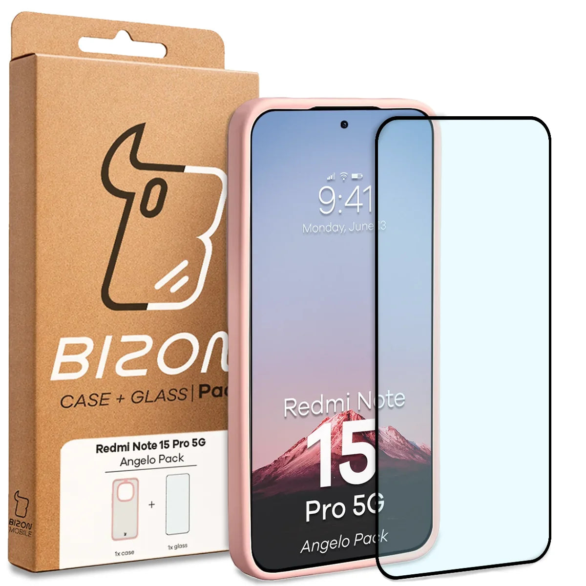 Schutzhülle + gehärtetem Glas für Xiaomi Redmi Note 15 Pro 5G, Bizon Angelo Pack, Semitransparent mit hellrosem Rahmen