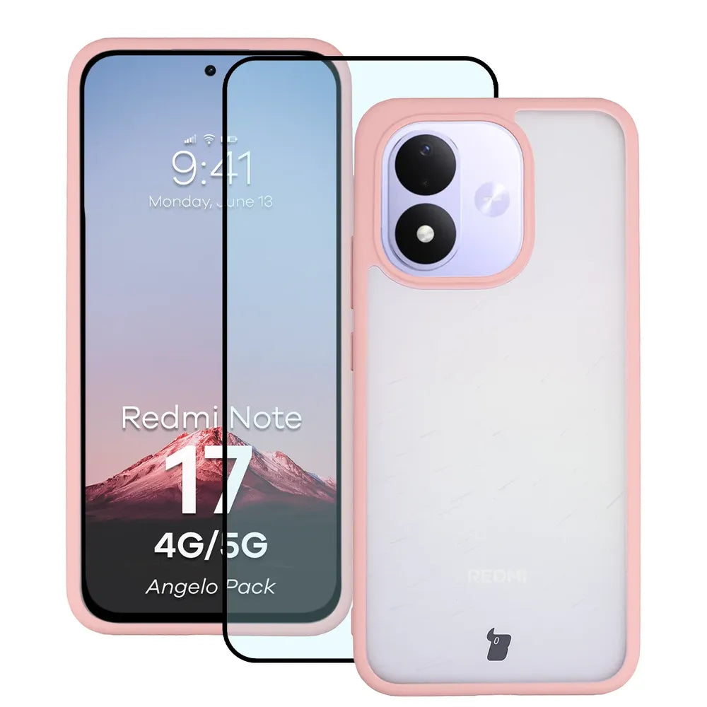 Schutzhülle + gehärtetem Glas für Xiaomi Redmi Note 17 4G/5G, Bizon Angelo Pack, Semitransparent mit hellrosem Rahmen (1/7)