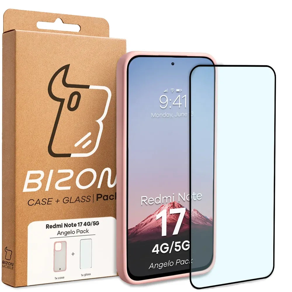 Schutzhülle + gehärtetem Glas für Xiaomi Redmi Note 17 4G/5G, Bizon Angelo Pack, Semitransparent mit hellrosem Rahmen (7/7)