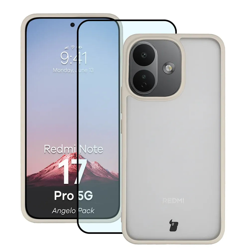 Schutzhülle + gehärtetem Glas für Xiaomi Redmi Note 17 Pro 5G, Bizon Angelo Pack, Semitransparent mit beigem Rahmen (1/7)