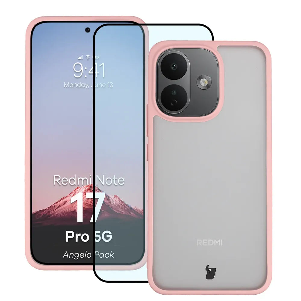 Schutzhülle + gehärtetem Glas für Xiaomi Redmi Note 17 Pro 5G, Bizon Angelo Pack, Semitransparent mit hellrosem Rahmen (1/7)