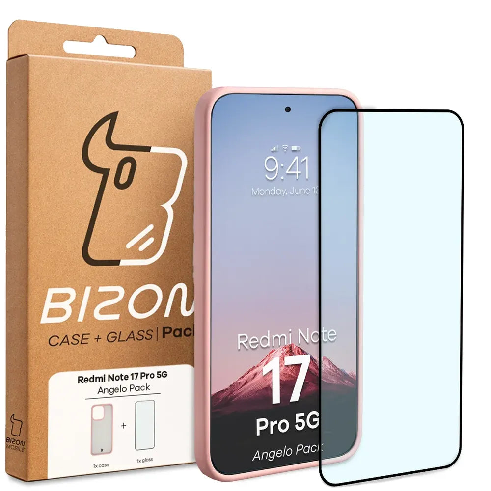 Schutzhülle + gehärtetem Glas für Xiaomi Redmi Note 17 Pro 5G, Bizon Angelo Pack, Semitransparent mit hellrosem Rahmen (7/7)