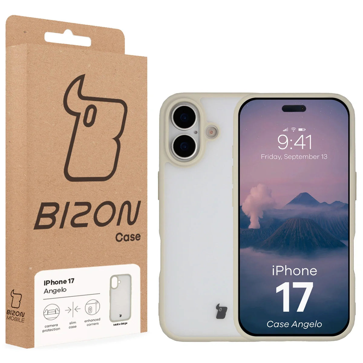 Handyhülle für iPhone 17, Bizon Case Angelo, Semitransparent mit beigem Rahmen