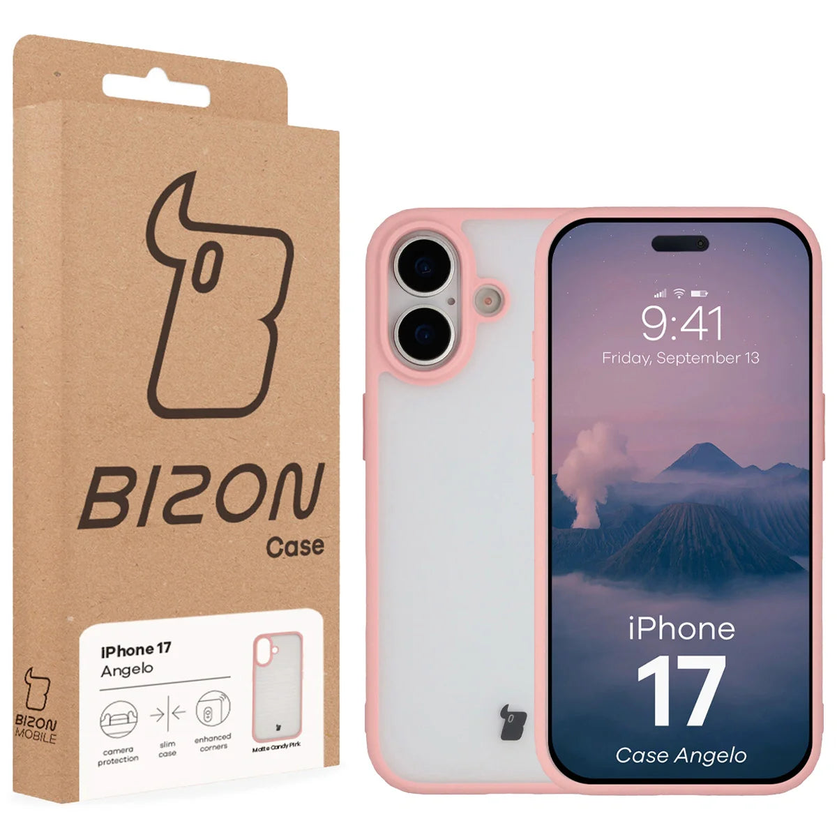 Handyhülle für iPhone 17, Bizon Case Angelo, Semitransparent mit hellrosa Rahmen