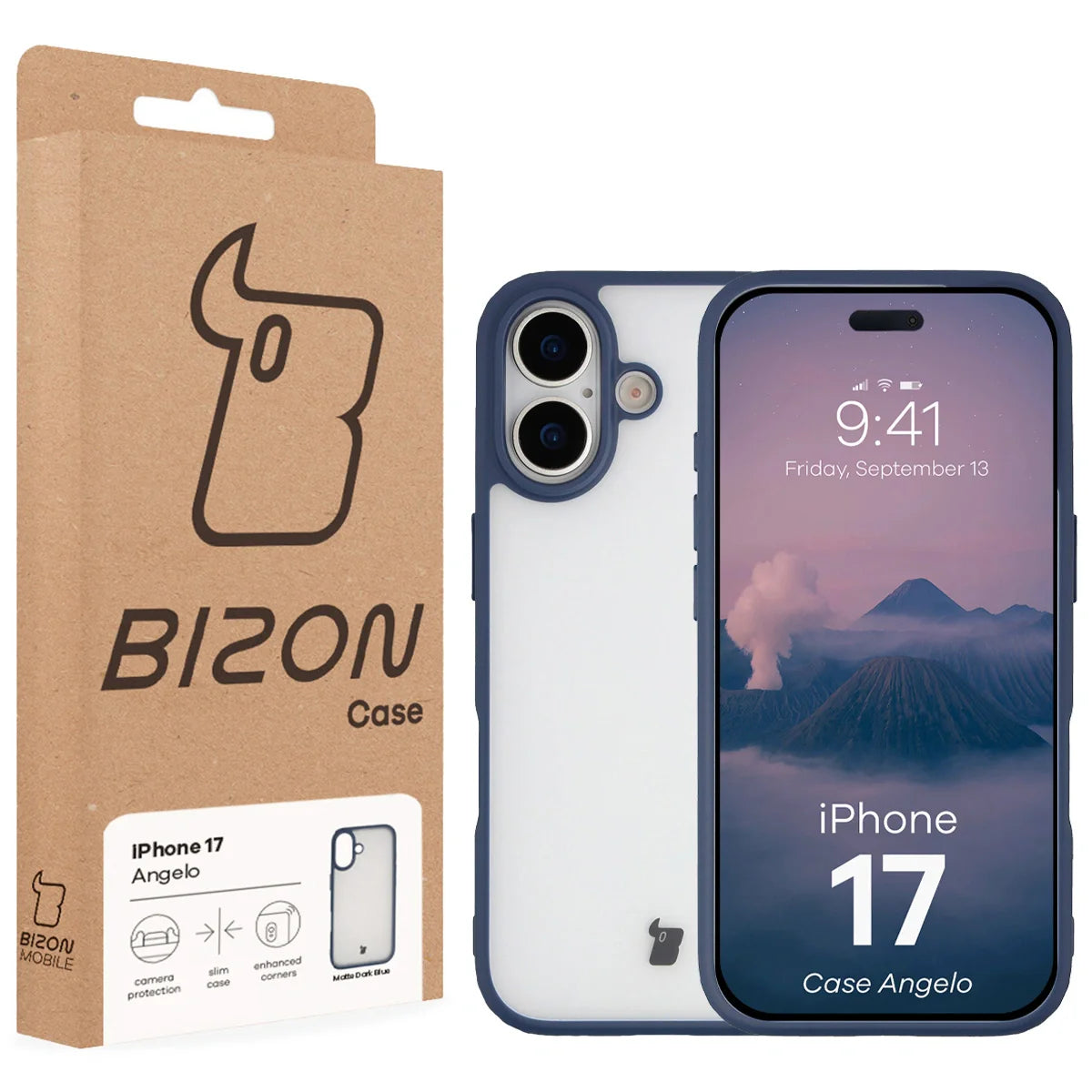 Handyhülle für iPhone 17, Bizon Case Angelo, Semitransparent mit dunkelblauem Rahmen