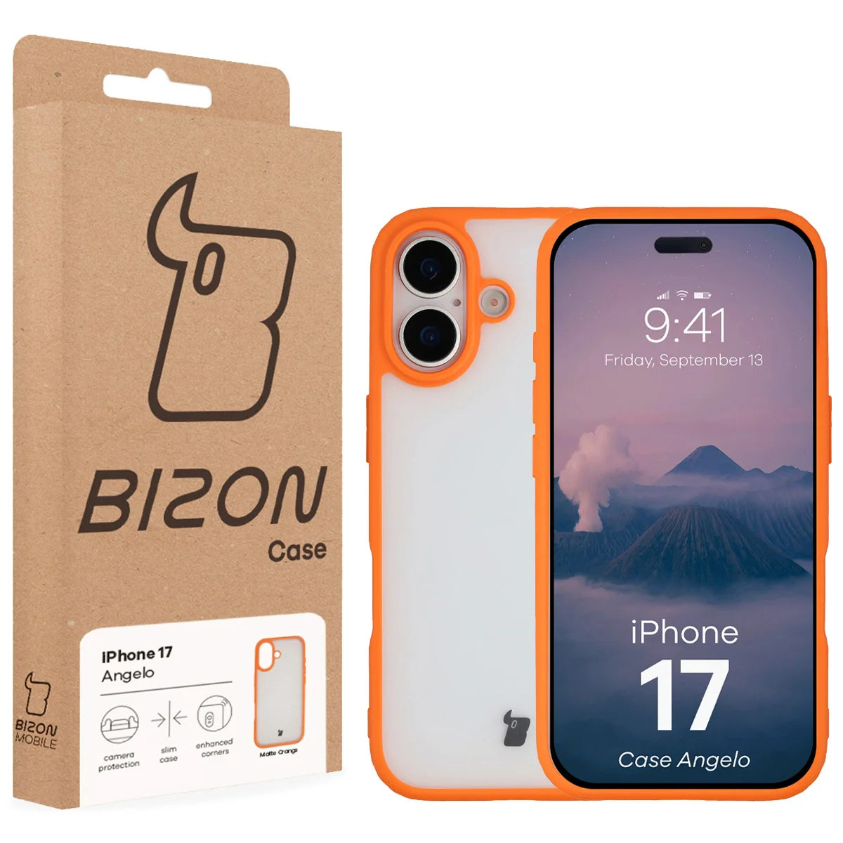 Handyhülle für iPhone 17, Bizon Case Angelo, Semitransparent mit orangefarbenem Rahmen