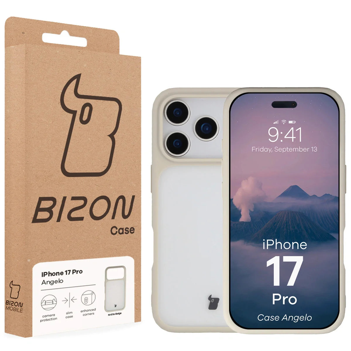 Handyhülle für iPhone 17 Pro, Bizon Case Angelo, Semitransparent mit beigem Rahmen
