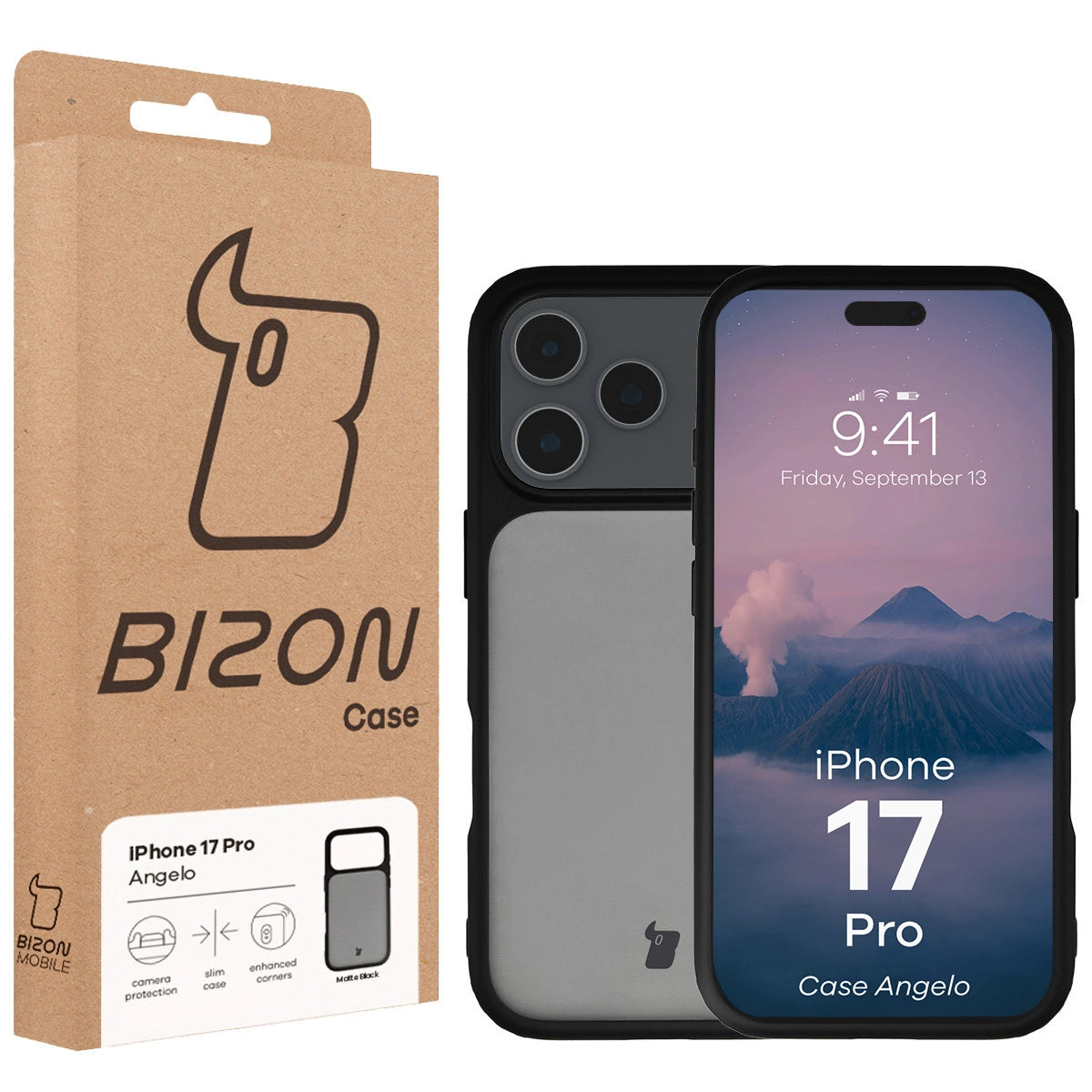 Handyhülle für iPhone 17 Pro, Bizon Case Angelo, Getönte mit schwarzem Rahmen
