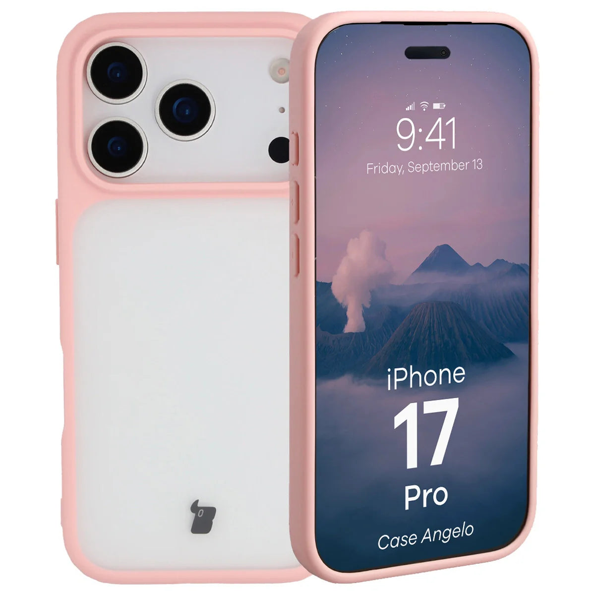 Handyhülle für iPhone 17 Pro, Bizon Case Angelo, Semitransparent mit hellrosa Rahmen