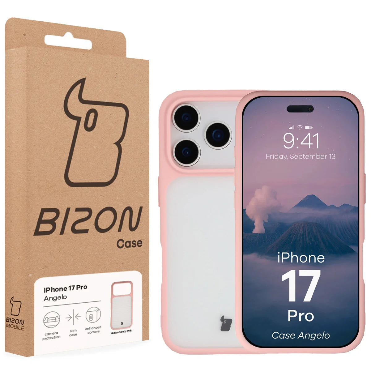 Handyhülle für iPhone 17 Pro, Bizon Case Angelo, Semitransparent mit hellrosa Rahmen
