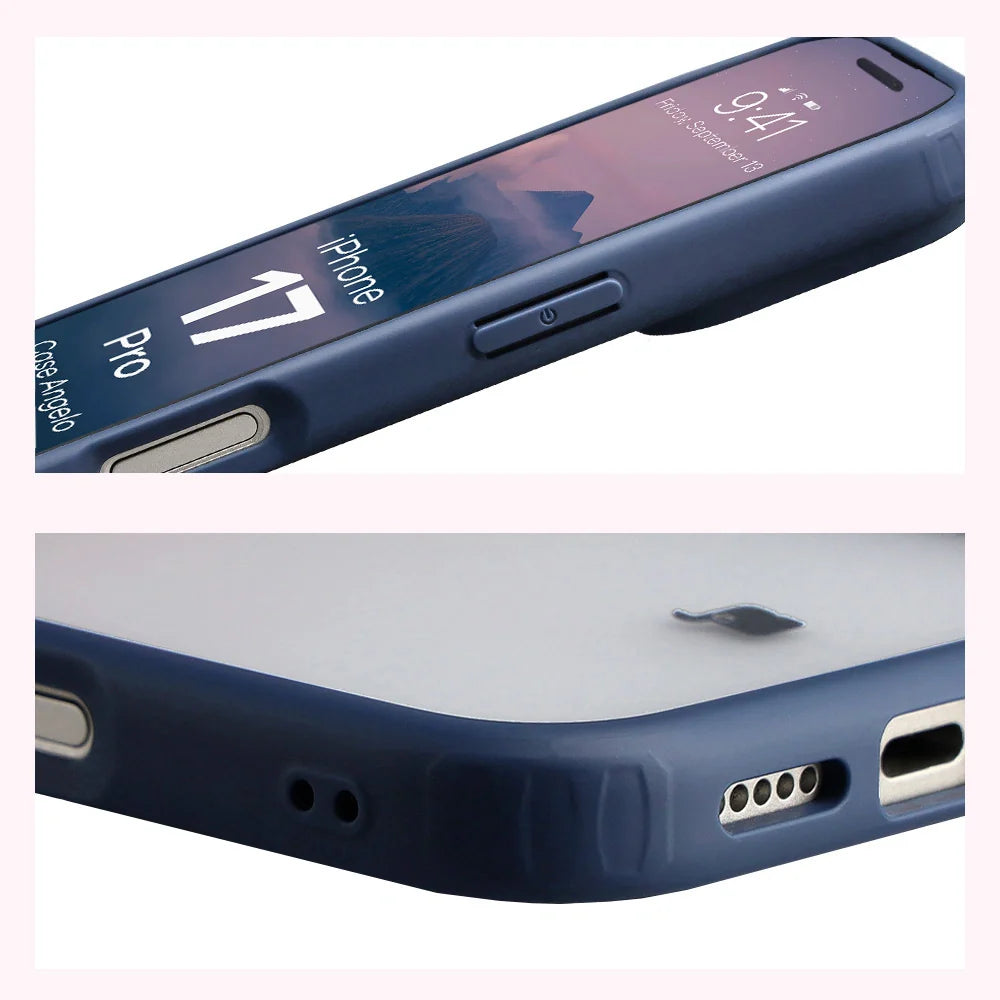 Handyhülle für iPhone 17 Pro, Bizon Case Angelo, Semitransparent mit dunkelblauem Rahmen