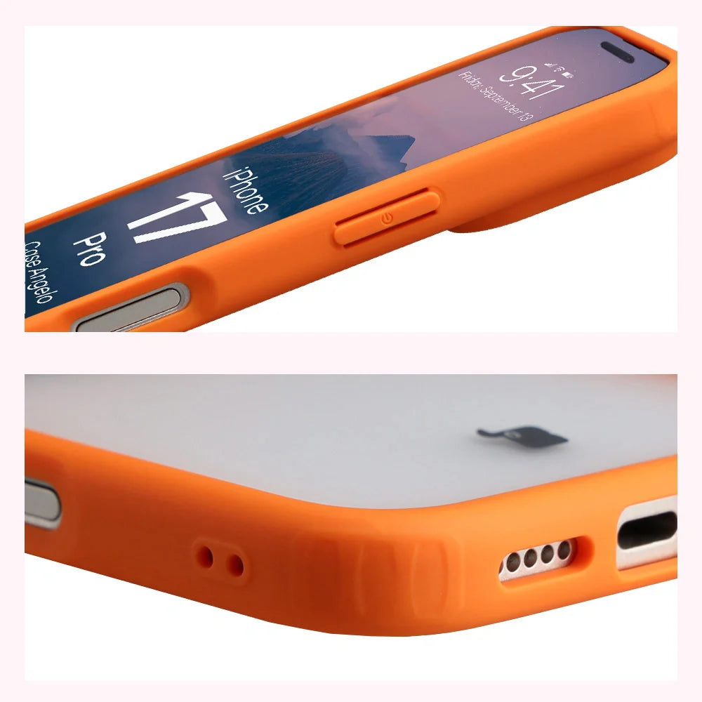 Handyhülle für iPhone 17 Pro, Bizon Case Angelo, Semitransparent mit orangefarbenem Rahmen