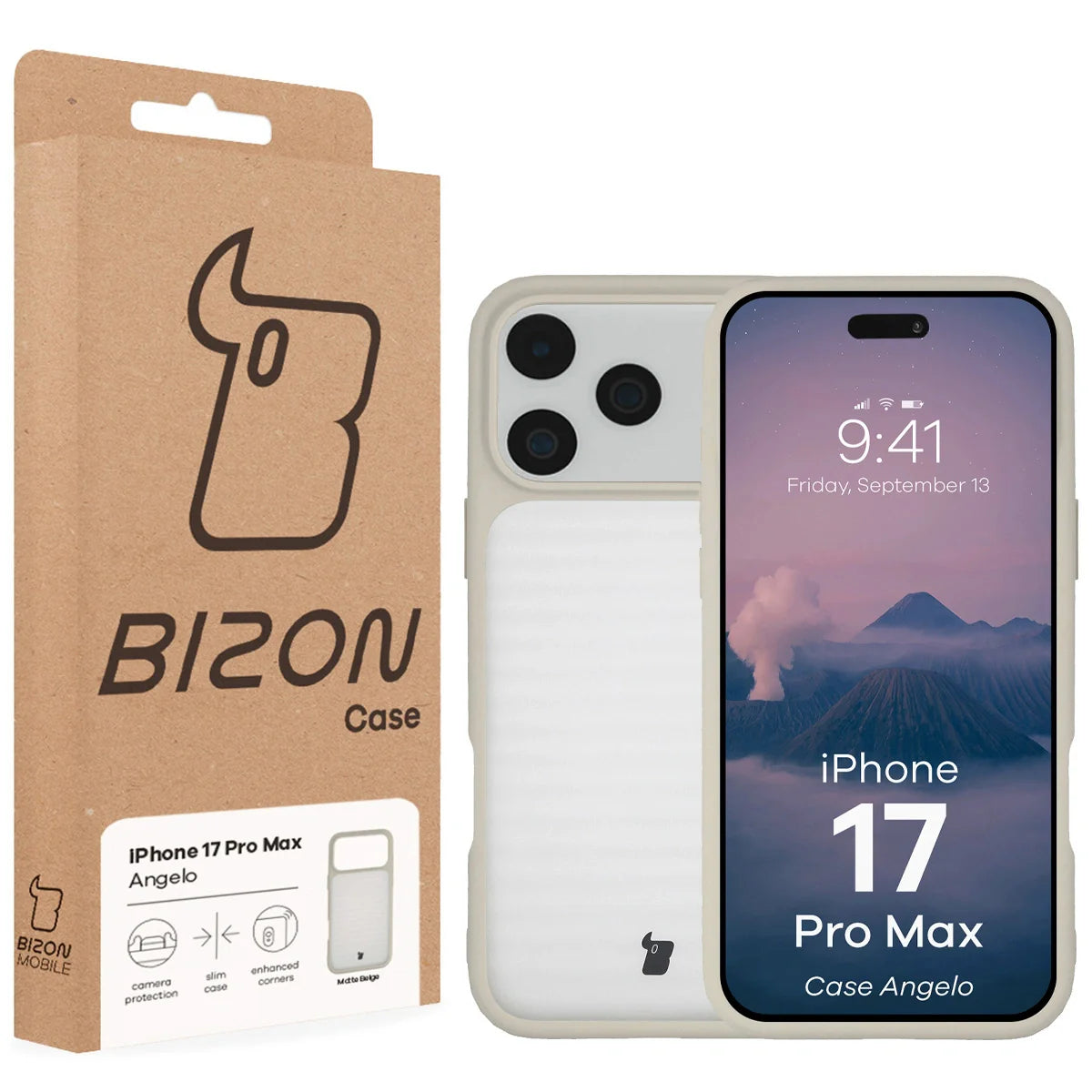 Handyhülle für iPhone 17 Pro Max, Bizon Case Angelo, Semitransparent mit beigem Rahmen