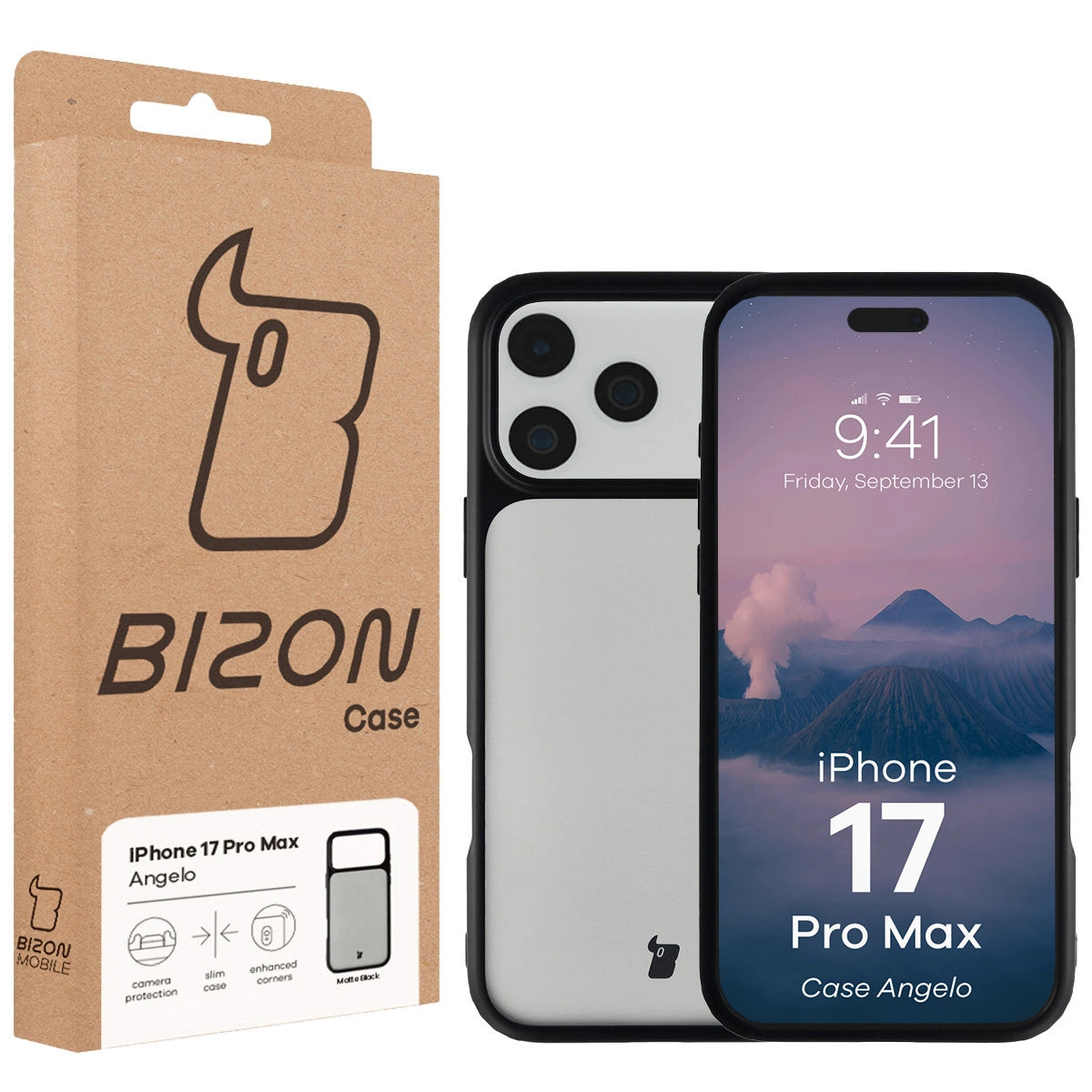 Handyhülle für iPhone 17 Pro Max, Bizon Case Angelo, Getönte mit schwarzem Rahmen