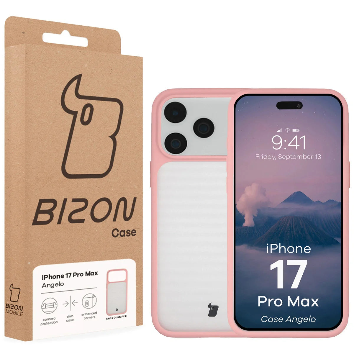 Handyhülle für iPhone 17 Pro Max, Bizon Case Angelo, Semitransparent mit hellrosa Rahmen