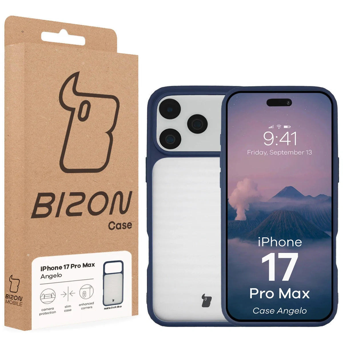 Handyhülle für iPhone 17 Pro Max, Bizon Case Angelo, Semitransparent mit dunkelblauem Rahmen