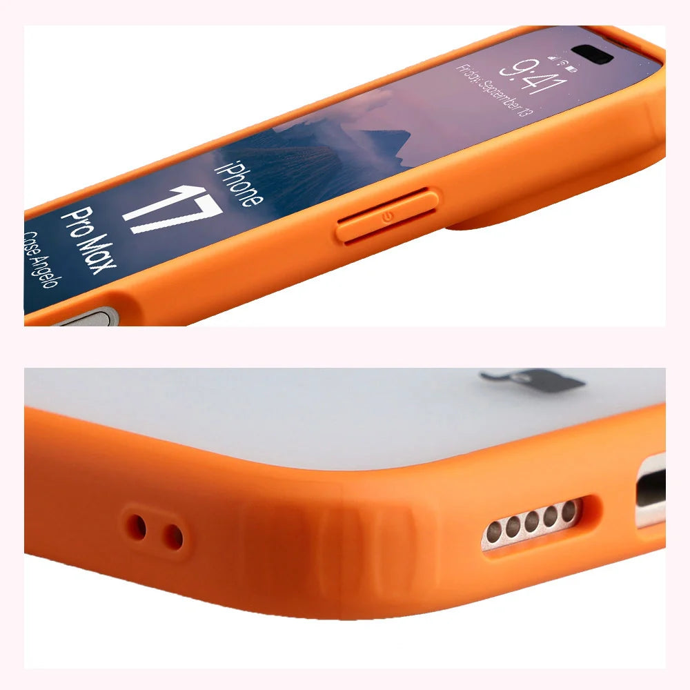 Handyhülle für iPhone 17 Pro Max, Bizon Case Angelo, Semitransparent mit orangefarbenem Rahmen