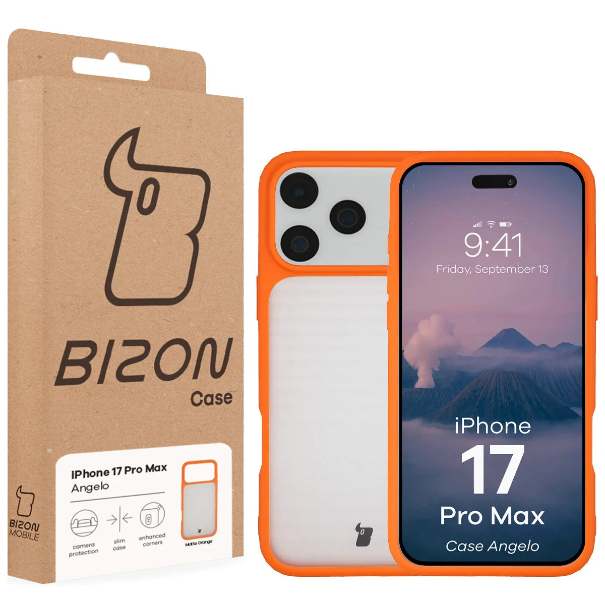Handyhülle für iPhone 17 Pro Max, Bizon Case Angelo, Semitransparent mit orangefarbenem Rahmen