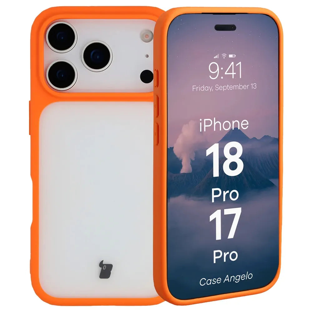 Handyhülle für iPhone 18 Pro / 17 Pro, Bizon Case Angelo, Semitransparent mit orangefarbenem Rahmen (1/6)