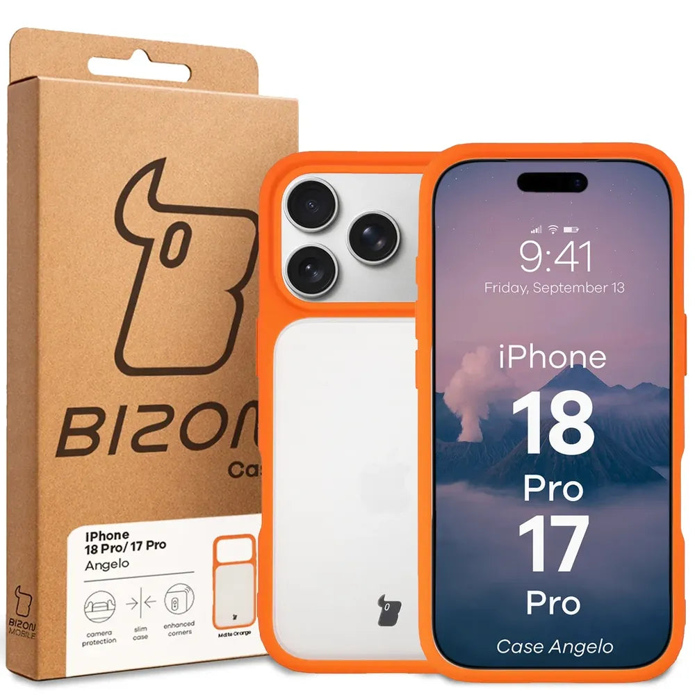 Handyhülle für iPhone 18 Pro / 17 Pro, Bizon Case Angelo, Semitransparent mit orangefarbenem Rahmen (6/6)