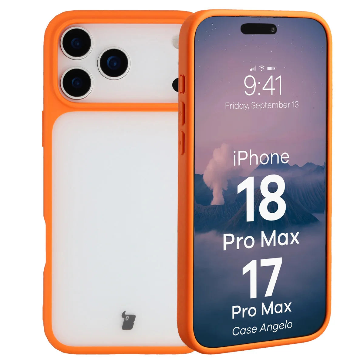 Handyhülle für iPhone 18 Pro Max / 17 Pro Max, Bizon Case Angelo, Semitransparent mit orangefarbenem Rahmen (1/6)