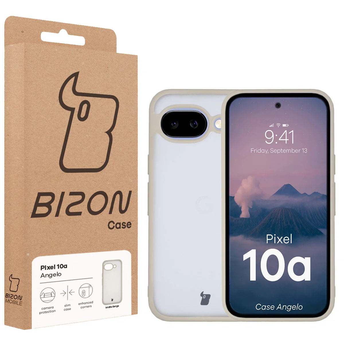 Handyhülle für Google Pixel 10a, Bizon Case Angelo, Semitransparent mit beigem Rahmen