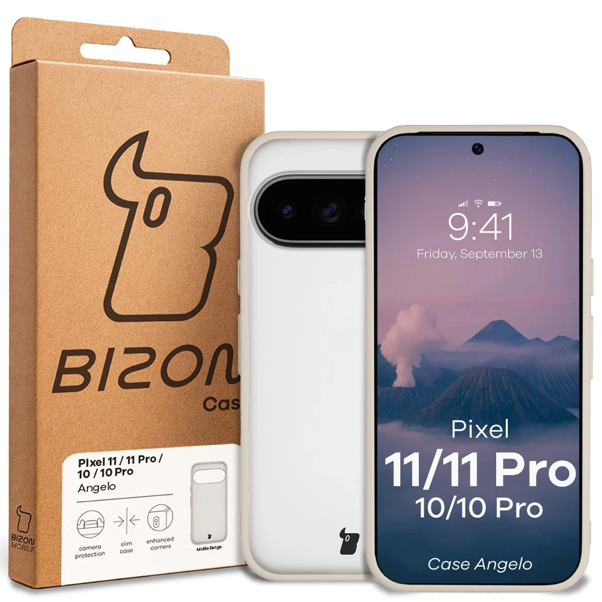 Handyhülle für Google Pixel 11 / 11 Pro / 10 / 10 Pro, Bizon Case Angelo, Semitransparent mit beigem Rahmen