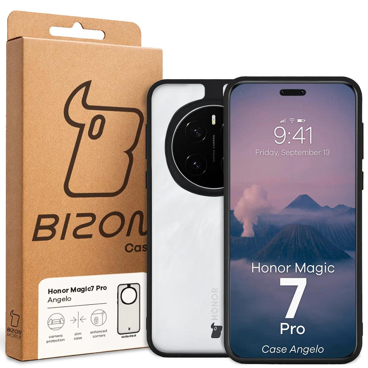 Handyhülle für Honor Magic7 Pro, Bizon Case Angelo, Durchscheinend mit schwarzem Rahmen