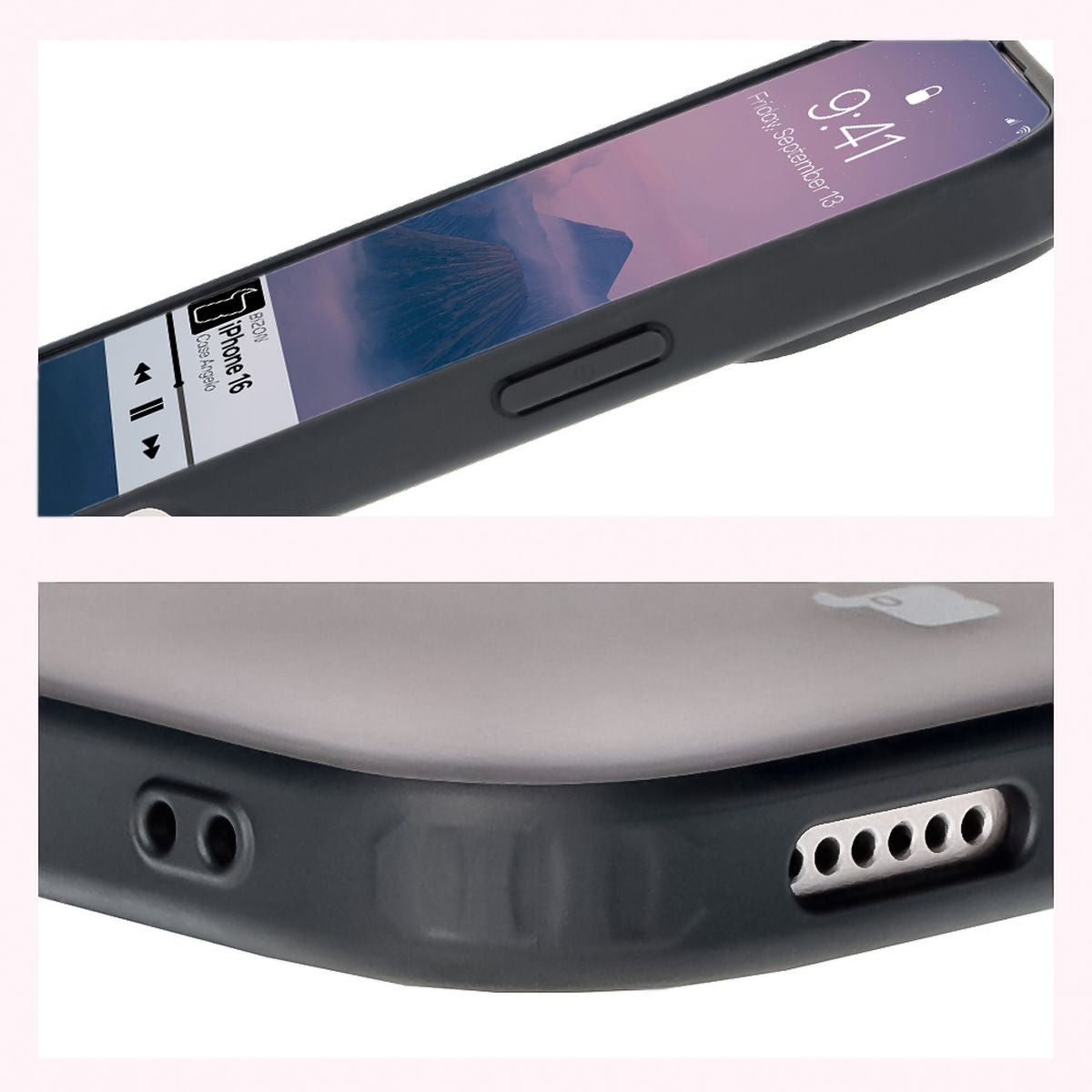 Handyhülle für iPhone 16, Bizon Case Angelo, Durchscheinend mit schwarzem Rahmen