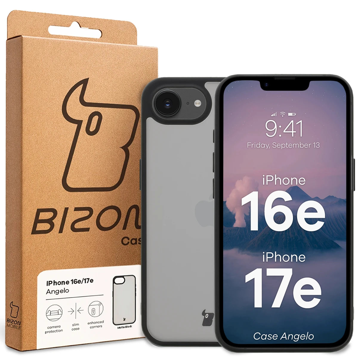 Handyhülle für iPhone 17e / 16e, Bizon Case Angelo, Durchscheinend mit schwarzem Rahmen