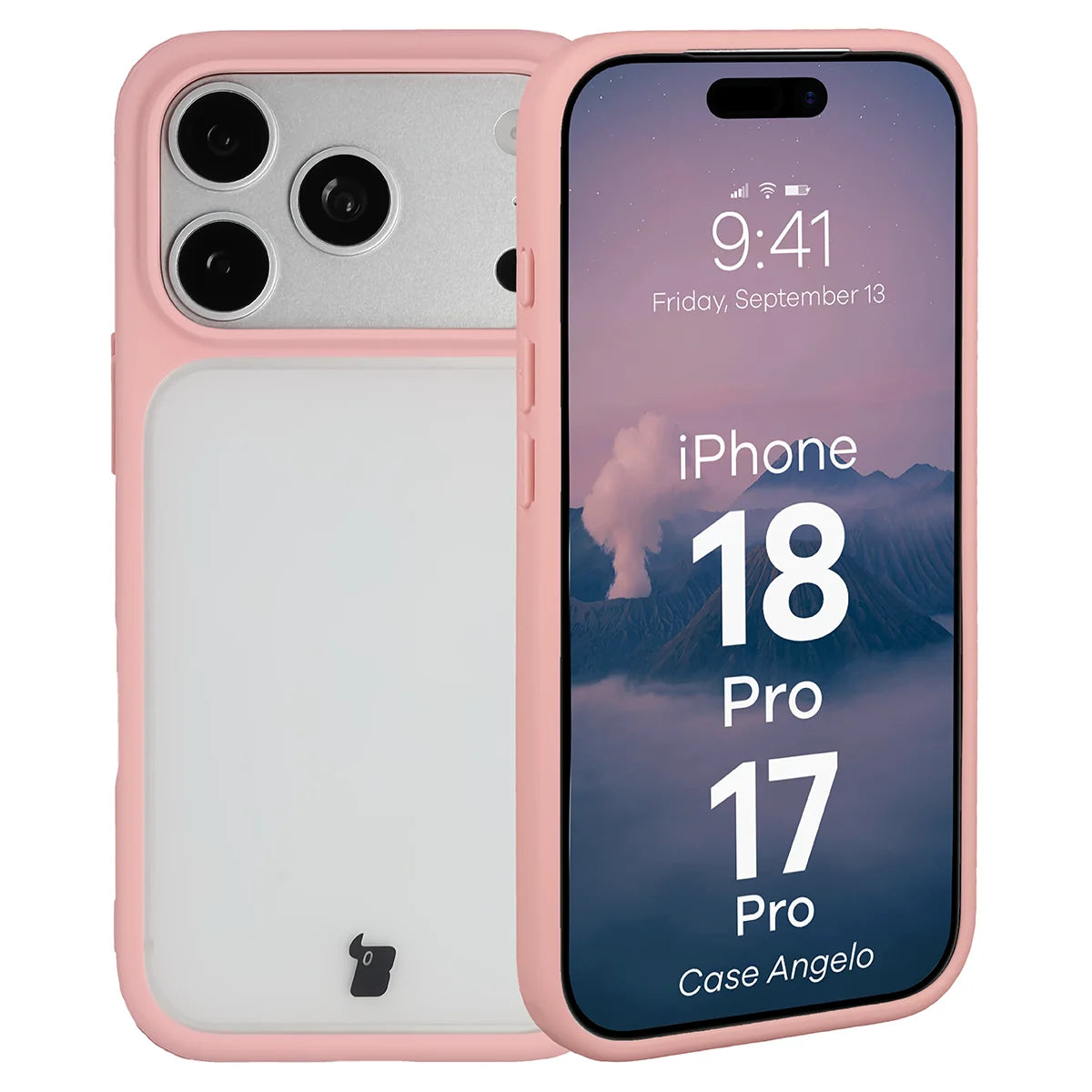 Handyhülle für iPhone 18 Pro / 17 Pro, Bizon Case Angelo, Semitransparent mit hellrosem Rahmen (1/6)