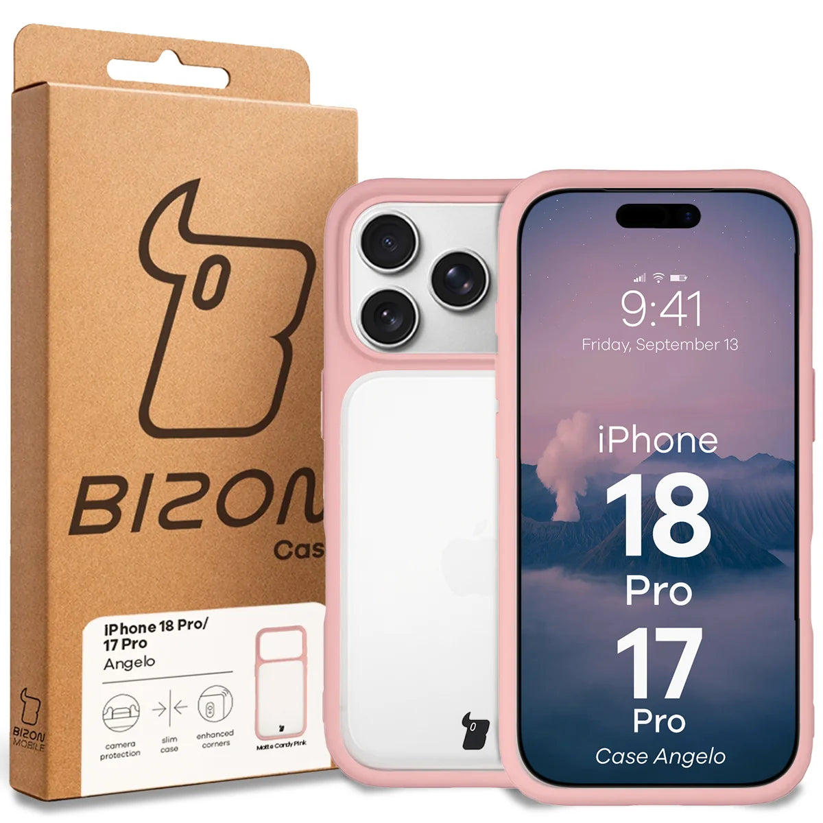 Handyhülle für iPhone 18 Pro / 17 Pro, Bizon Case Angelo, Semitransparent mit hellrosem Rahmen (6/6)