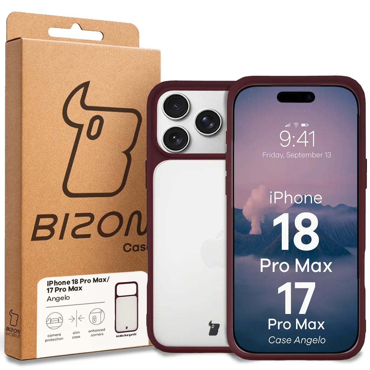 Handyhülle für iPhone 18 Pro Max / 17 Pro Max, Bizon Case Angelo, Semitransparent mit burgunderrotem Rahmen (6/6)