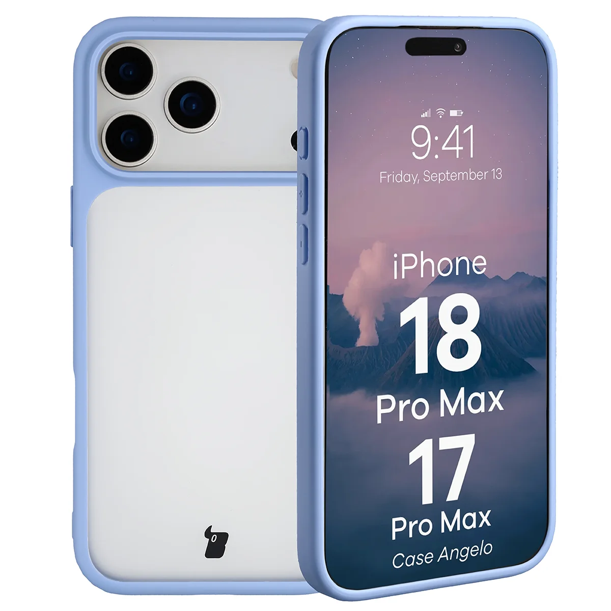 Handyhülle für iPhone 18 Pro Max / 17 Pro Max, Bizon Case Angelo, Semitransparent mit hellblauem Rahmen (1/6)