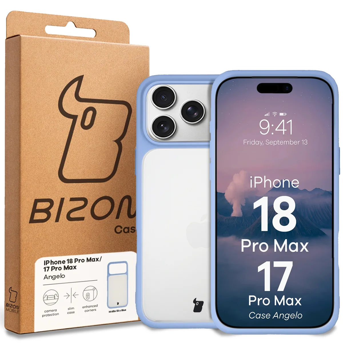 Handyhülle für iPhone 18 Pro Max / 17 Pro Max, Bizon Case Angelo, Semitransparent mit hellblauem Rahmen (6/6)