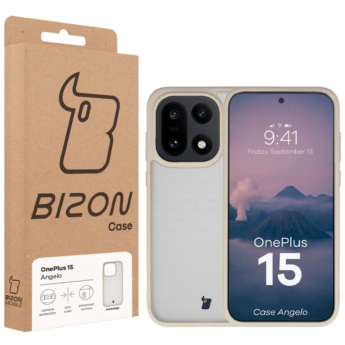 Handyhülle für OnePlus 15, Bizon Case Angelo, Semitransparent mit beigem Rahmen