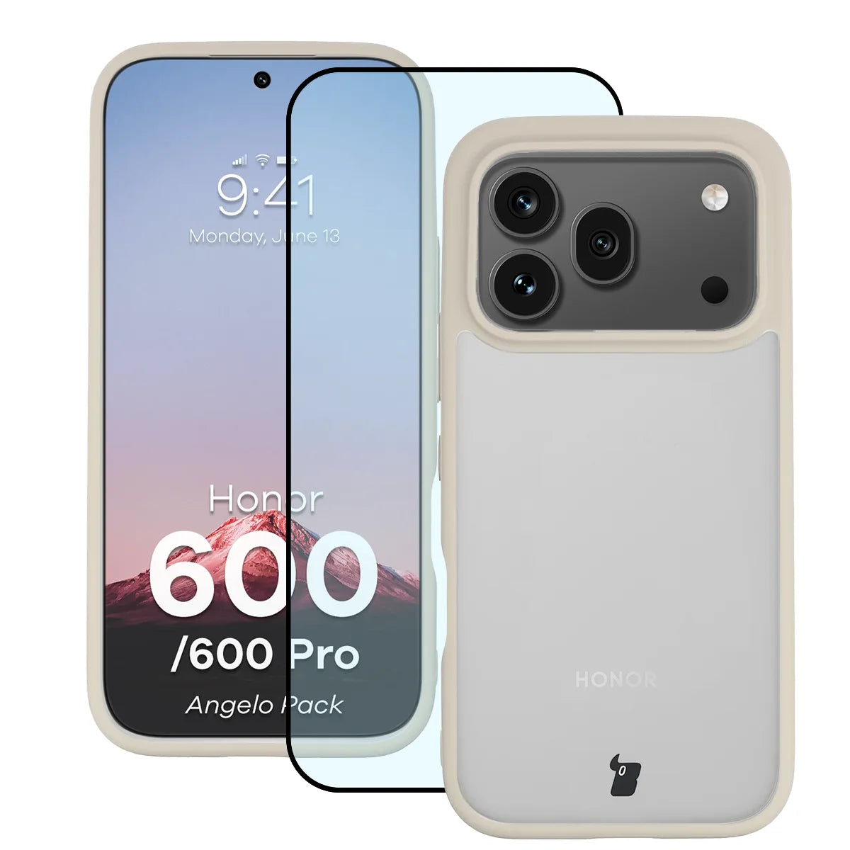 Schutzhülle + gehärtetem Glas für Honor 600 5G / 600 Pro 5G, Bizon Angelo Pack, Semitransparent mit beigem Rahmen