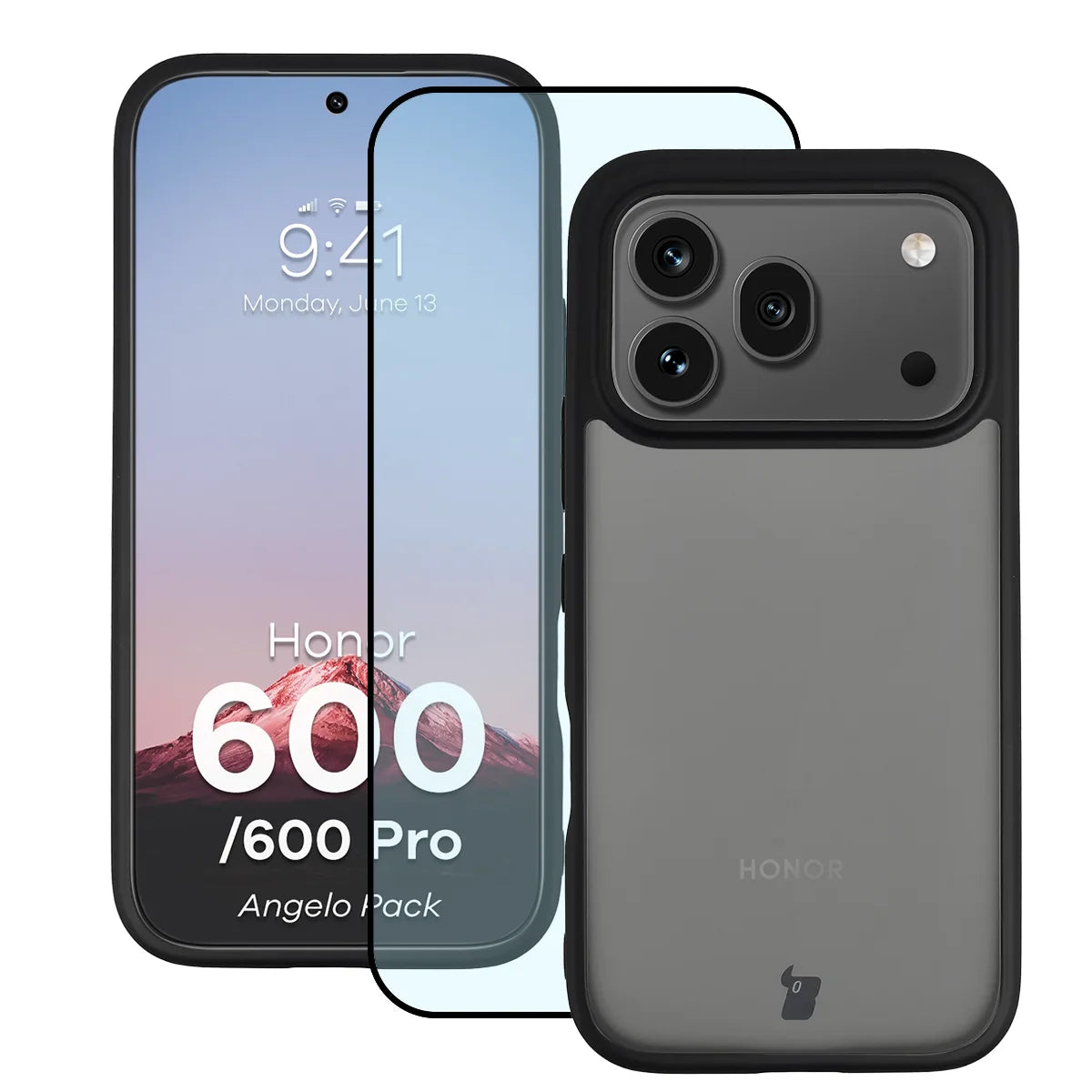 Schutzhülle + gehärtetem Glas für Honor 600 5G / 600 Pro 5G, Bizon Angelo Pack, Getönte mit schwarzem Rahmen