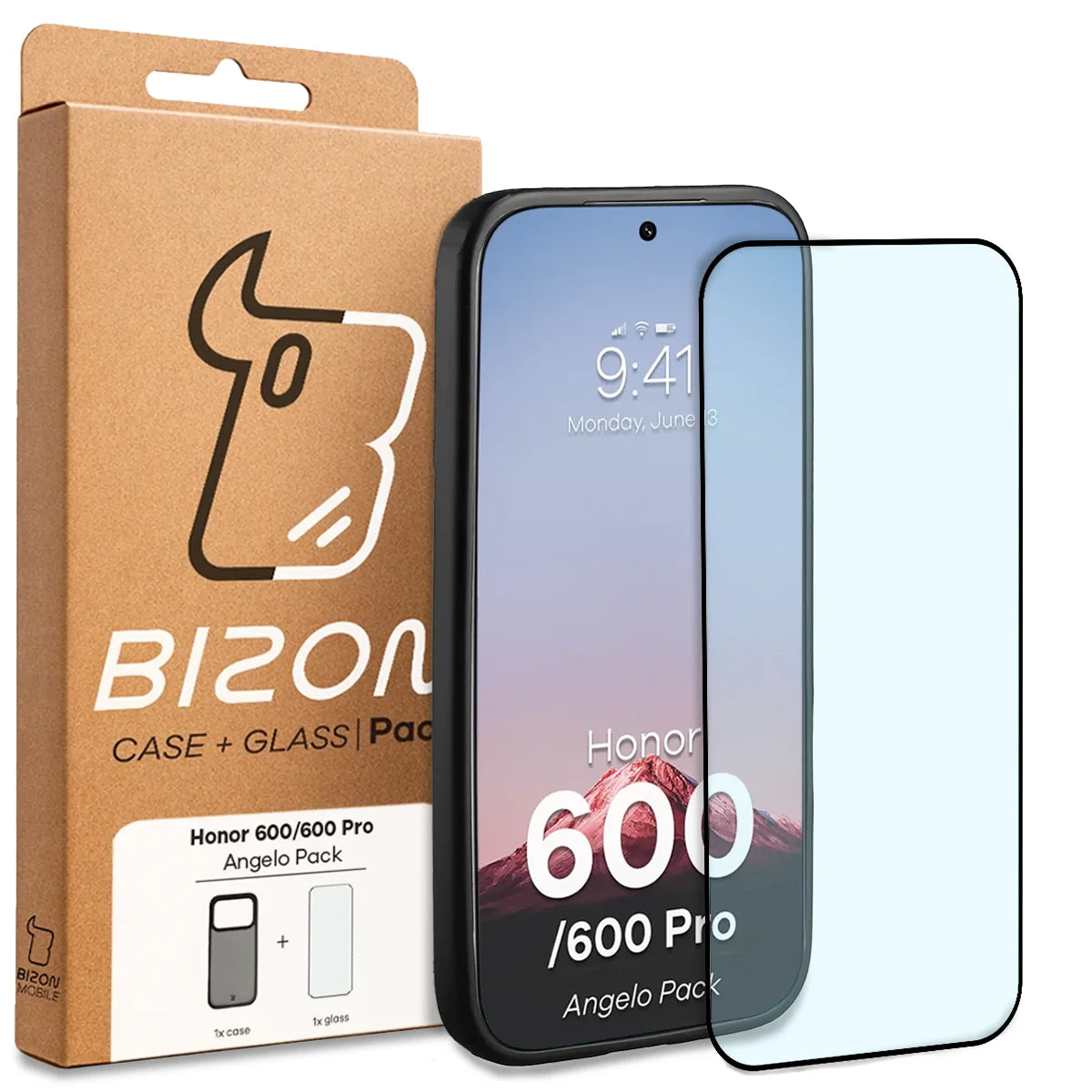 Schutzhülle + gehärtetem Glas für Honor 600 5G / 600 Pro 5G, Bizon Angelo Pack, Getönte mit schwarzem Rahmen