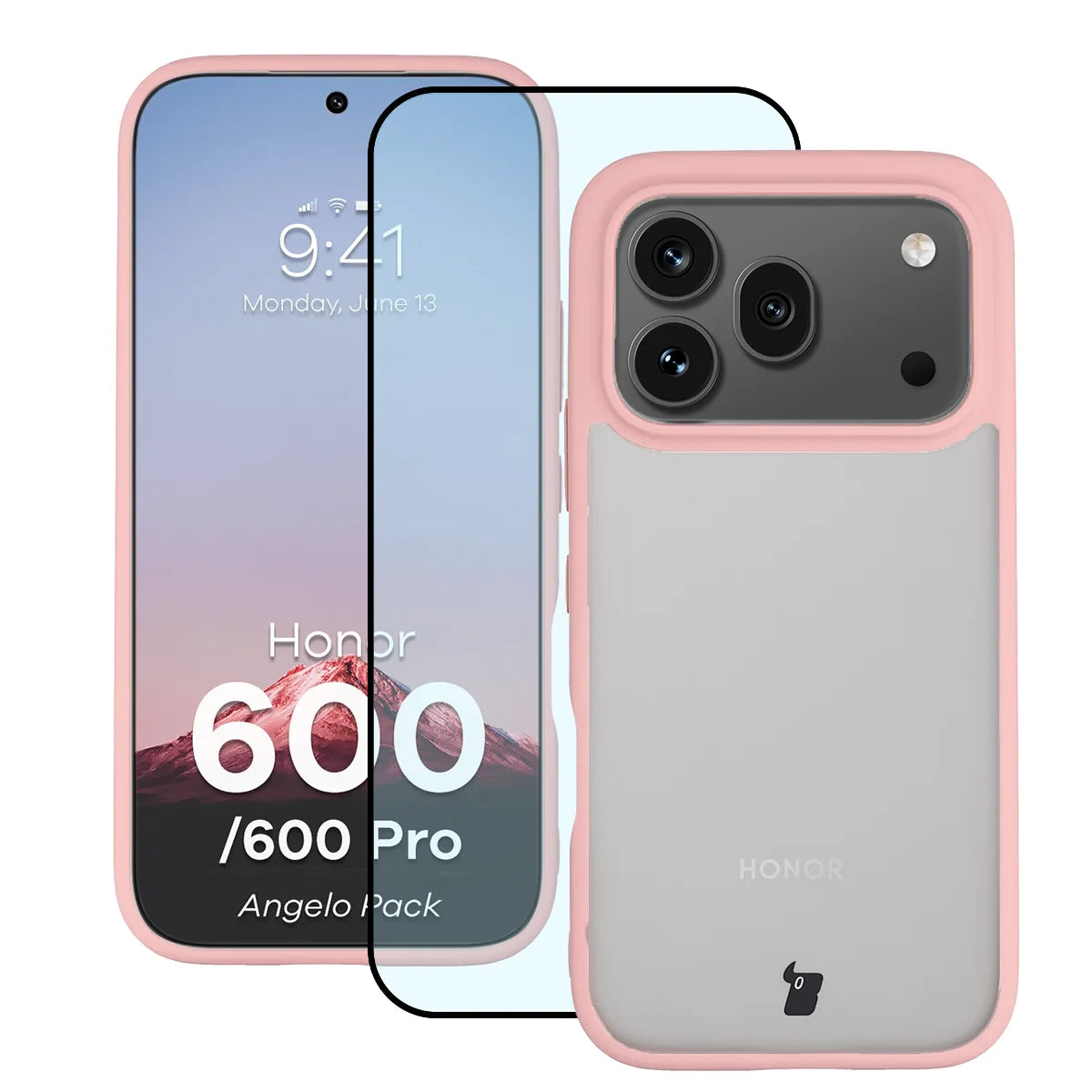 Schutzhülle + gehärtetem Glas für Honor 600 5G / 600 Pro 5G, Bizon Angelo Pack, Semitransparent mit hellrosem Rahmen