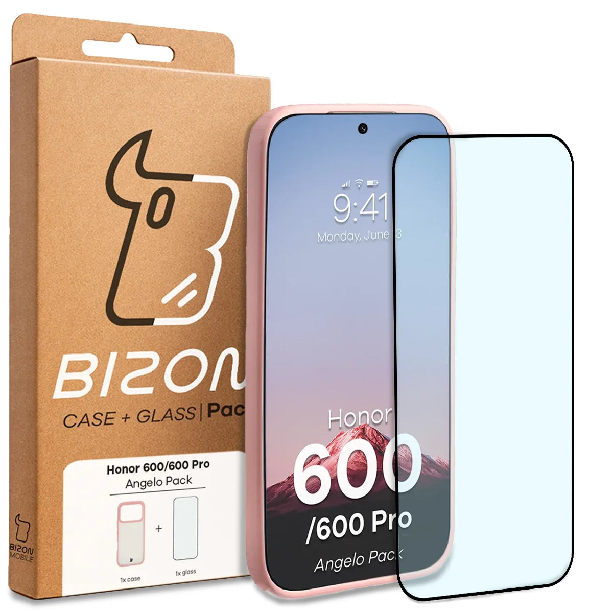 Schutzhülle + gehärtetem Glas für Honor 600 5G / 600 Pro 5G, Bizon Angelo Pack, Semitransparent mit hellrosem Rahmen