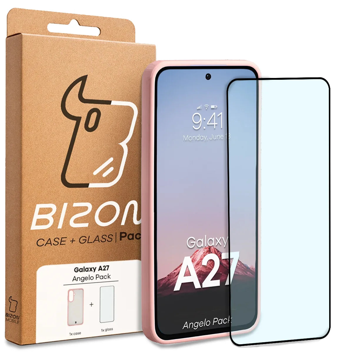 Schutzhülle + gehärtetem Glas für Galaxy A27 5G, Bizon Angelo Pack, Semitransparent mit hellrosem Rahmen