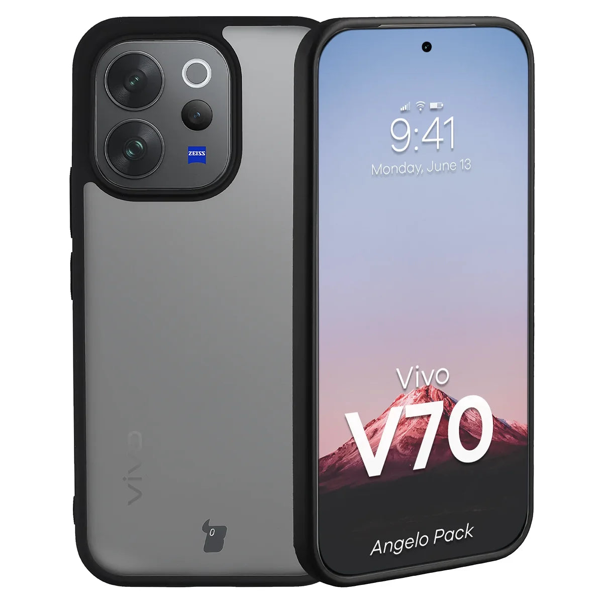 Schutzhülle + gehärtetem Glas für Vivo V70 5G, Bizon Angelo Pack, Getönte mit schwarzem Rahmen