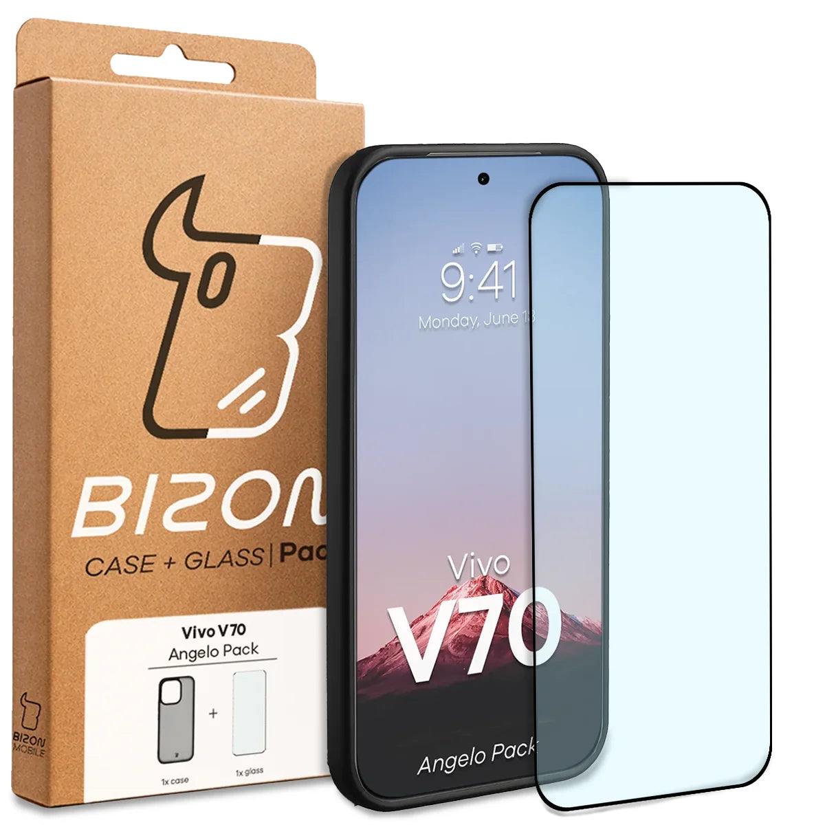 Schutzhülle + gehärtetem Glas für Vivo V70 5G, Bizon Angelo Pack, Getönte mit schwarzem Rahmen