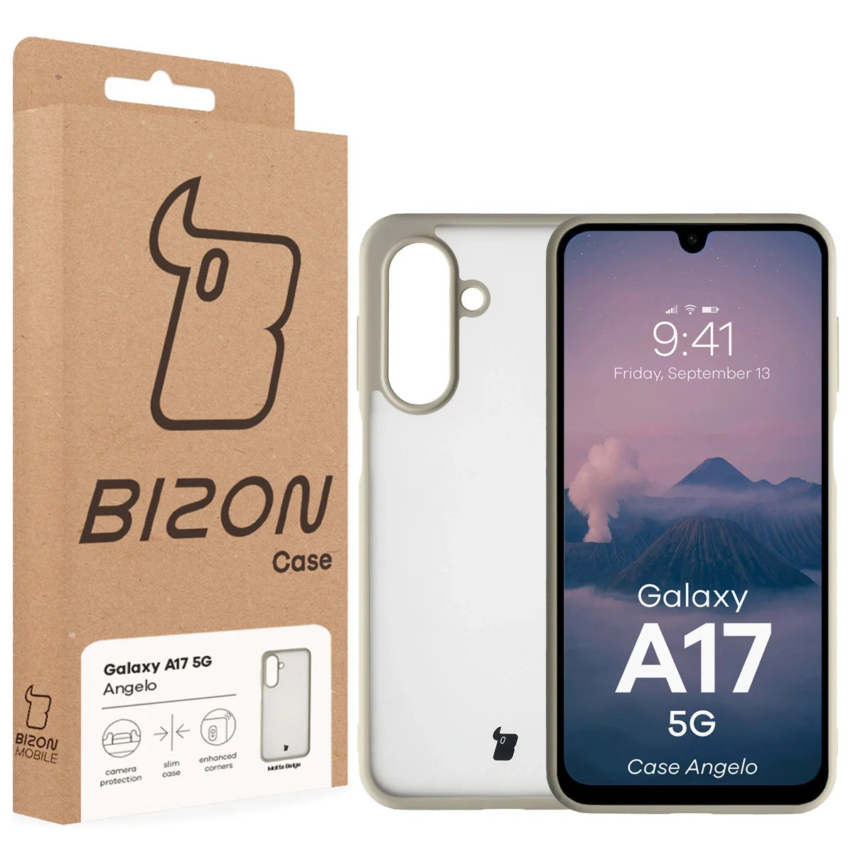Handyhülle für Galaxy A17 5G, Bizon Case Angelo, Semitransparent mit beigem Rahmen