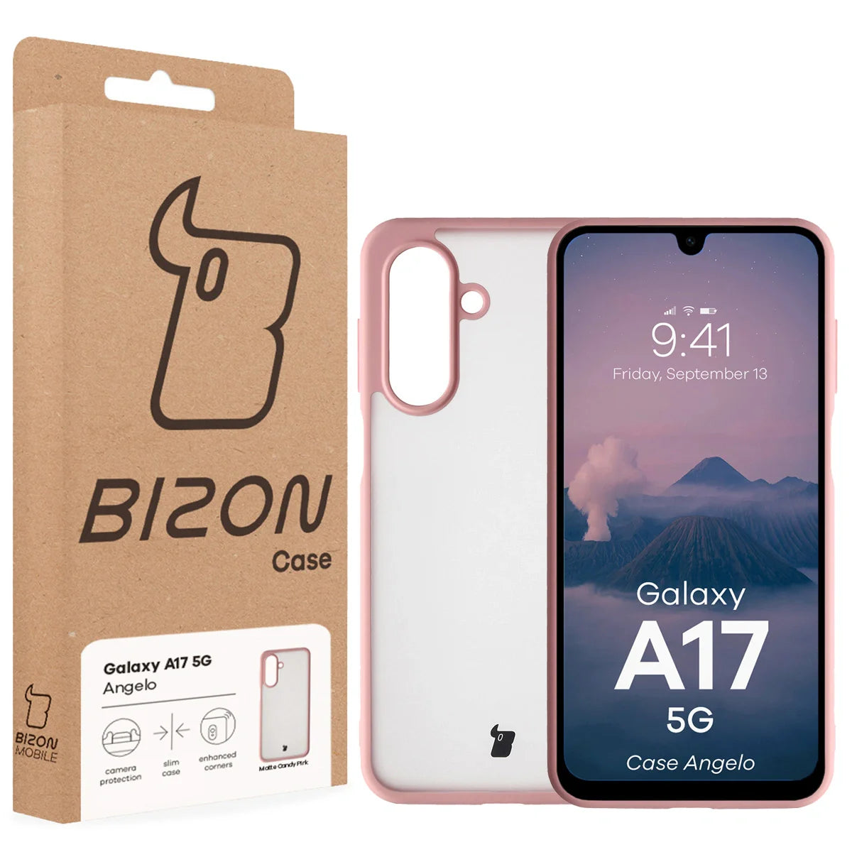 Handyhülle für Galaxy A17 5G, Bizon Case Angelo, Semitransparent mit hellrosa Rahmen