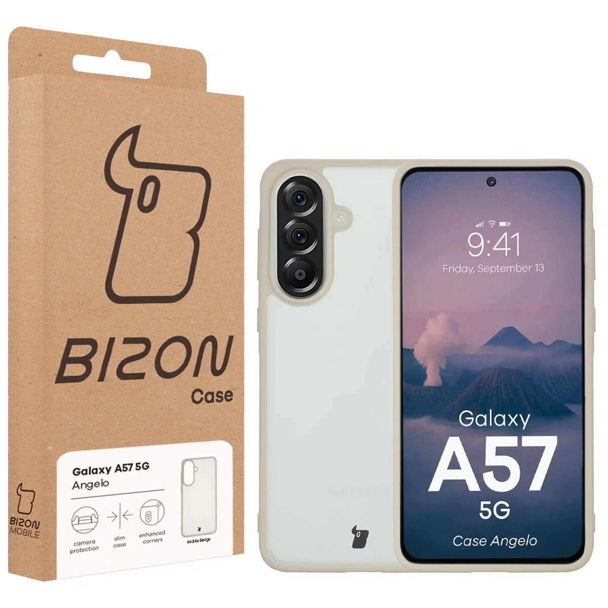 Handyhülle für Galaxy A57 5G, Bizon Case Angelo, Semitransparent mit beigem Rahmen