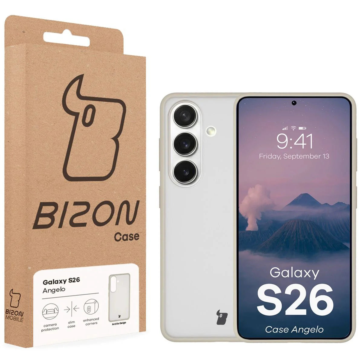 Handyhülle für Galaxy S26, Bizon Case Angelo, Semitransparent mit beigem Rahmen
